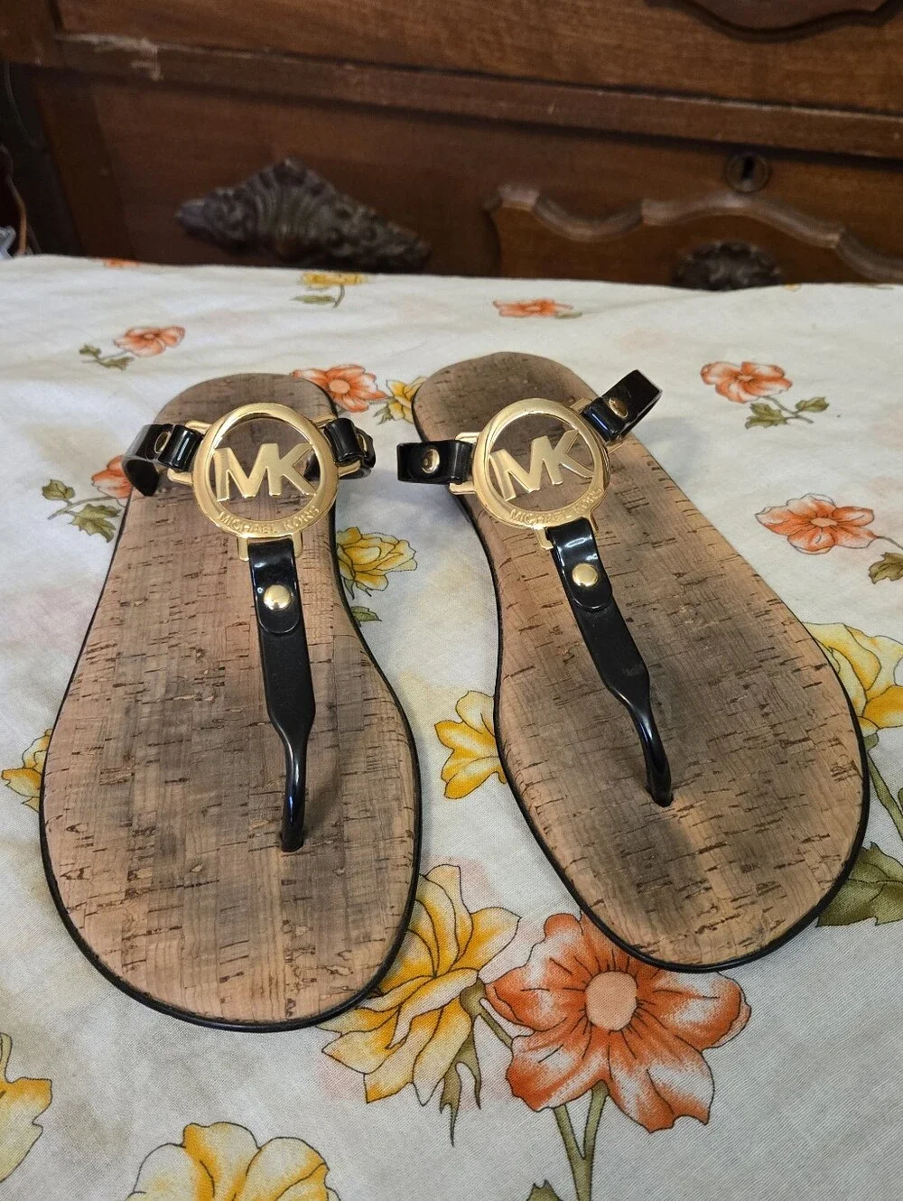 Michael Kors Black Sandal Thongs with Gold MK Medallions
